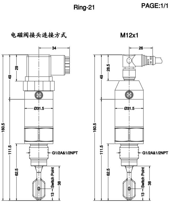 Ring-21緊湊型音叉液位開關產(chǎn)品尺寸圖（標準）