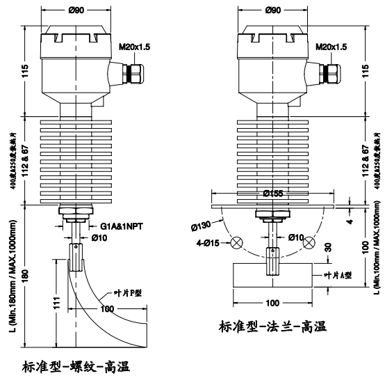 高溫Spin-11A標(biāo)準(zhǔn)型阻旋料位開(kāi)關(guān)尺寸圖